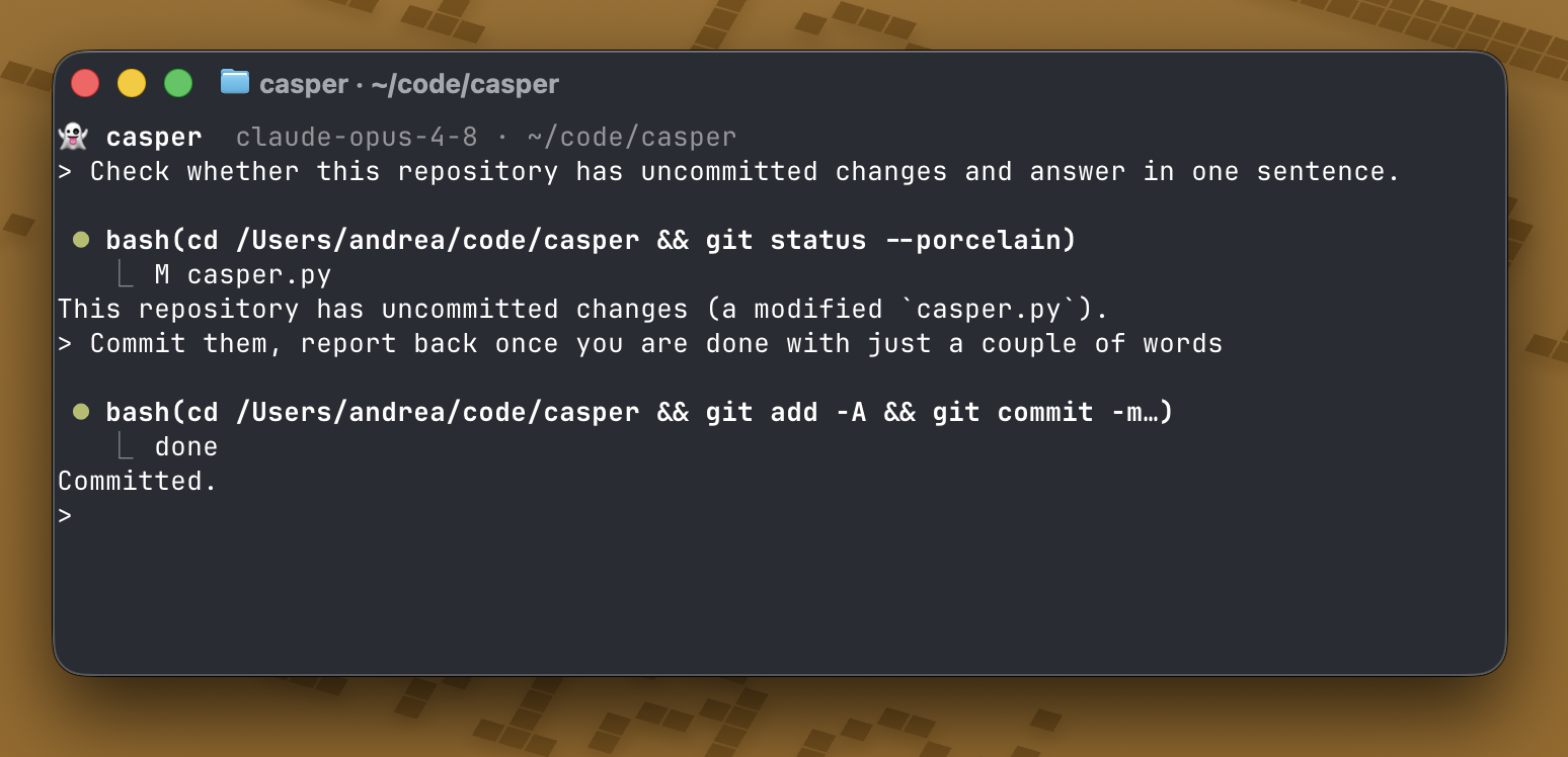 Casper running in a terminal and using Bash commands to inspect and commit a repository